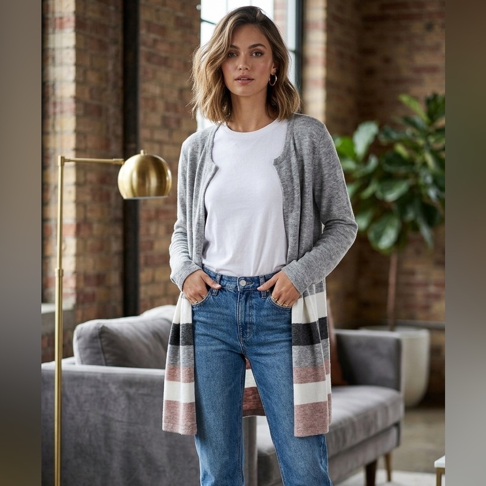 STITCHES & STRIPES Elaine Cardigan Sweater Grey Cream Pink Color Block Long L - Picture 10 of 11